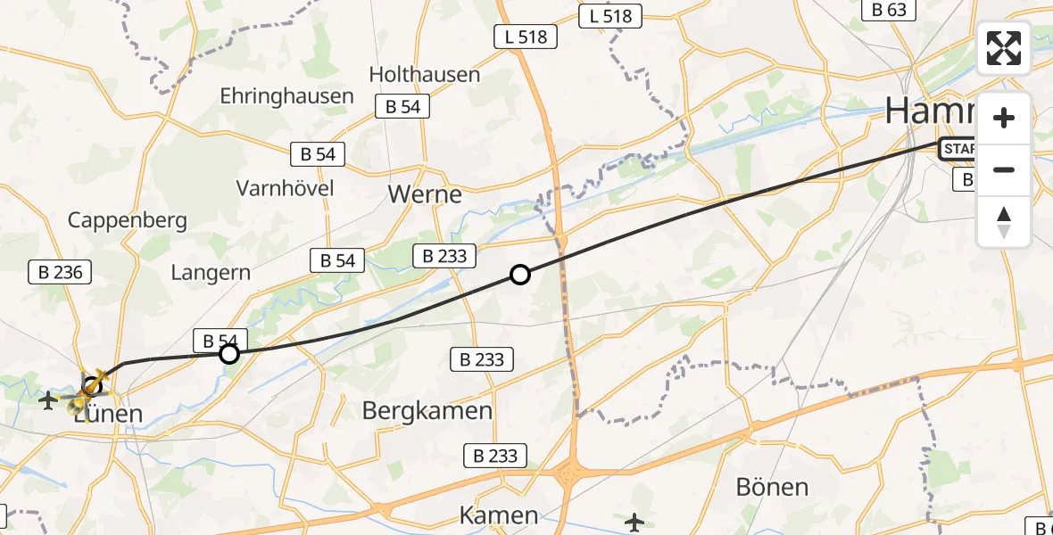 Flugroute Rettungshubschrauber Hamm - Sankt Marien Hospital, 24 Juni 2026, 17:52