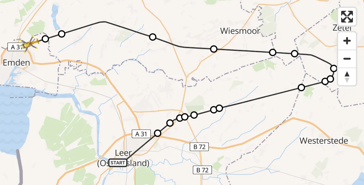 Flugroute Rettungshubschrauber Leer (Ostfriesland) - Emden, 24 Juni 2026, 17:59