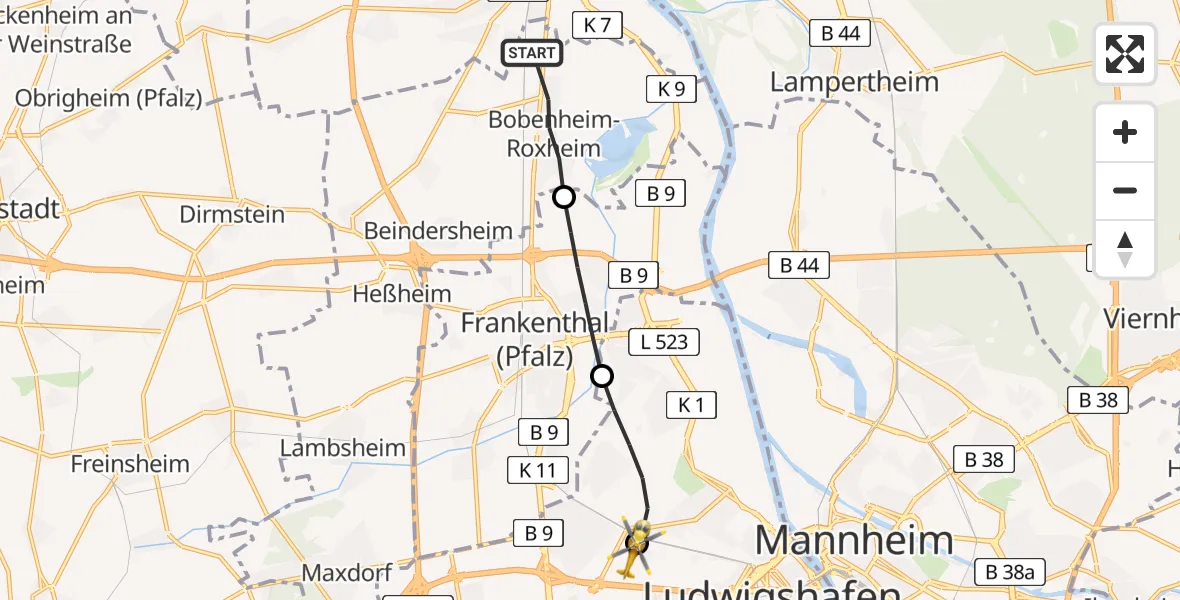 Flugroute Rettungshubschrauber Bobenheim-Roxheim - Ludwigshafen Accident Hospital, 24 Juni 2026, 18:00