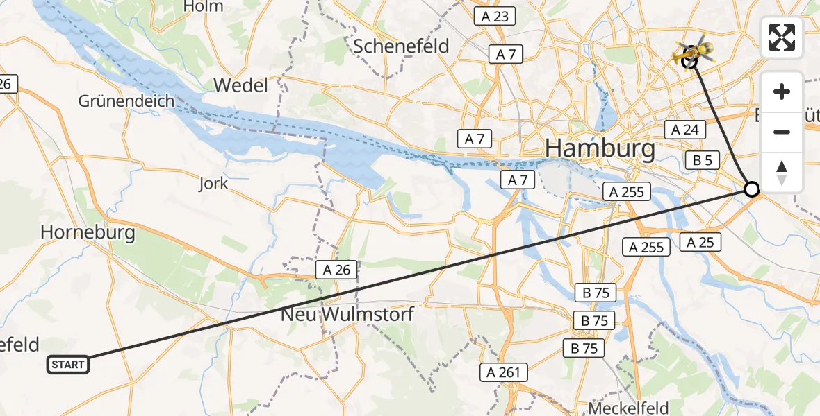 Flugroute Rettungshubschrauber Harsefeld - Hamburg Military Hospital, 24 Juni 2026, 18:04