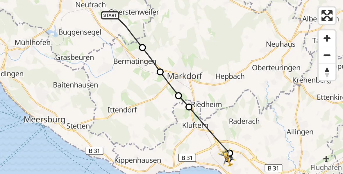 Flugroute Rettungshubschrauber Salem - Friedrichshafen Hospital, 24 Juni 2026, 18:06