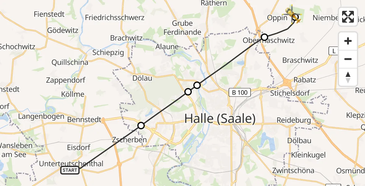 Flugroute Rettungshubschrauber Teutschenthal - Halle-Oppin Flugplatz, 24 Juni 2026, 18:12