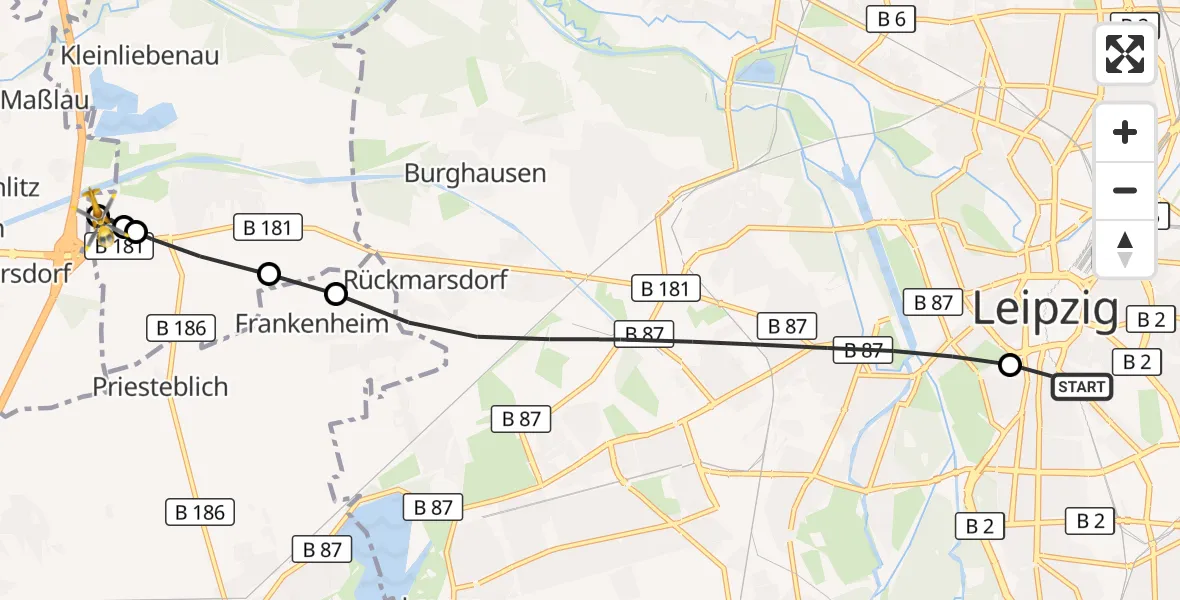 Flugroute Rettungshubschrauber Leipzig University Hospital Heliport 1 - ADAC Air Rescue Station Leipzig/Schkeuditz-Dölzig Hubschrauberlandeplatz (Christoph 61), 24 Juni 2026, 18:31