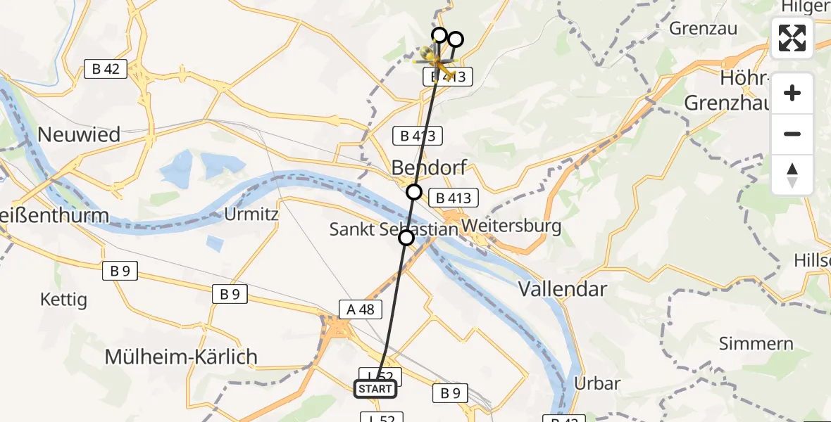 Flugroute Rettungshubschrauber Koblenz - Bendorf, 24 Juni 2026, 18:34