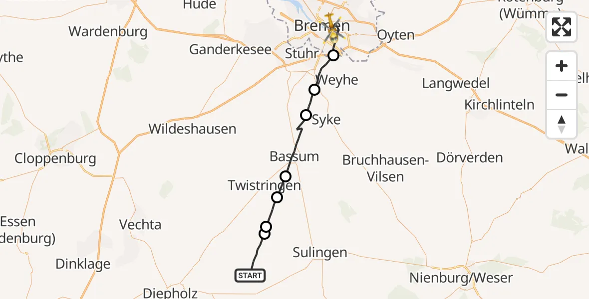 Flugroute Rettungshubschrauber Eydelstedt - Bremen, 24 Juni 2026, 18:35