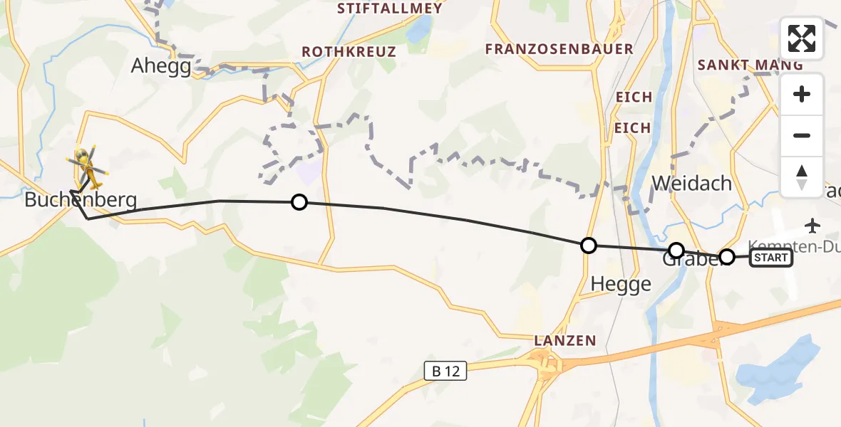 Flugroute Rettungshubschrauber Kempten-Durach Flugplatz - Buchenberg, 24 Juni 2026, 18:39