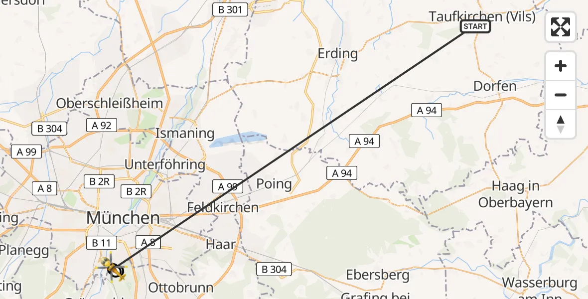 Flugroute Rettungshubschrauber Taufkirchen (Vils) - ADAC Air Rescue Center Hubschrauberlandeplatz (Christoph 1), 24 Juni 2026, 18:43