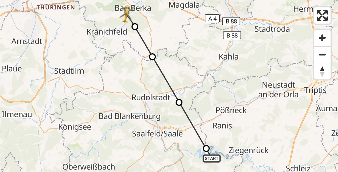 Flugroute Ambulanzhubschrauber Drognitz - DRF Rettungsstation Bad Berka Hubschrauberlandeplatz, 24 Juni 2026, 18:43