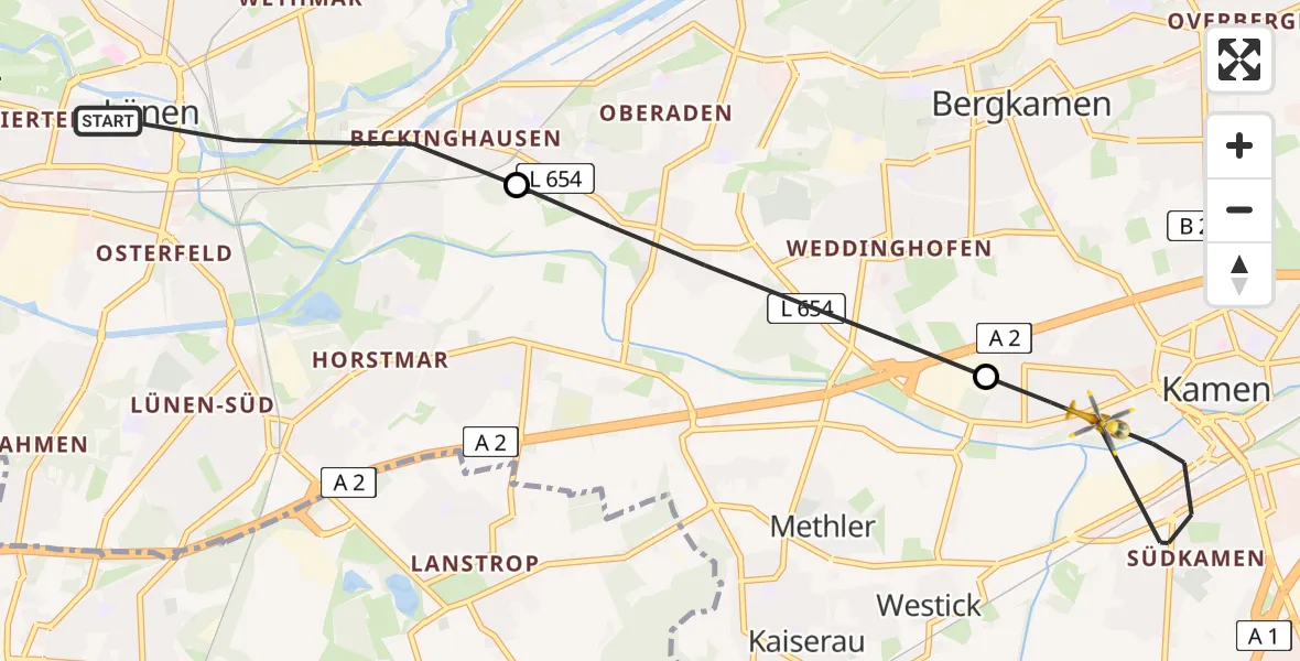 Flugroute Rettungshubschrauber Lünen - Kamen, 24 Juni 2026, 18:44