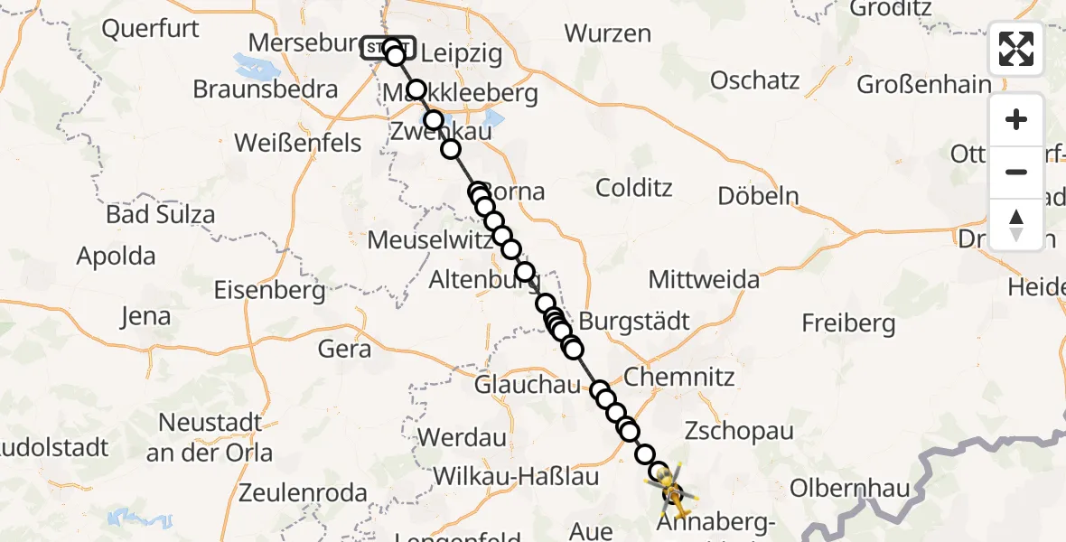 Flugroute Rettungshubschrauber ADAC Air Rescue Station Leipzig/Schkeuditz-Dölzig Hubschrauberlandeplatz (Christoph 61) - Geyer, 24 Juni 2026, 18:46