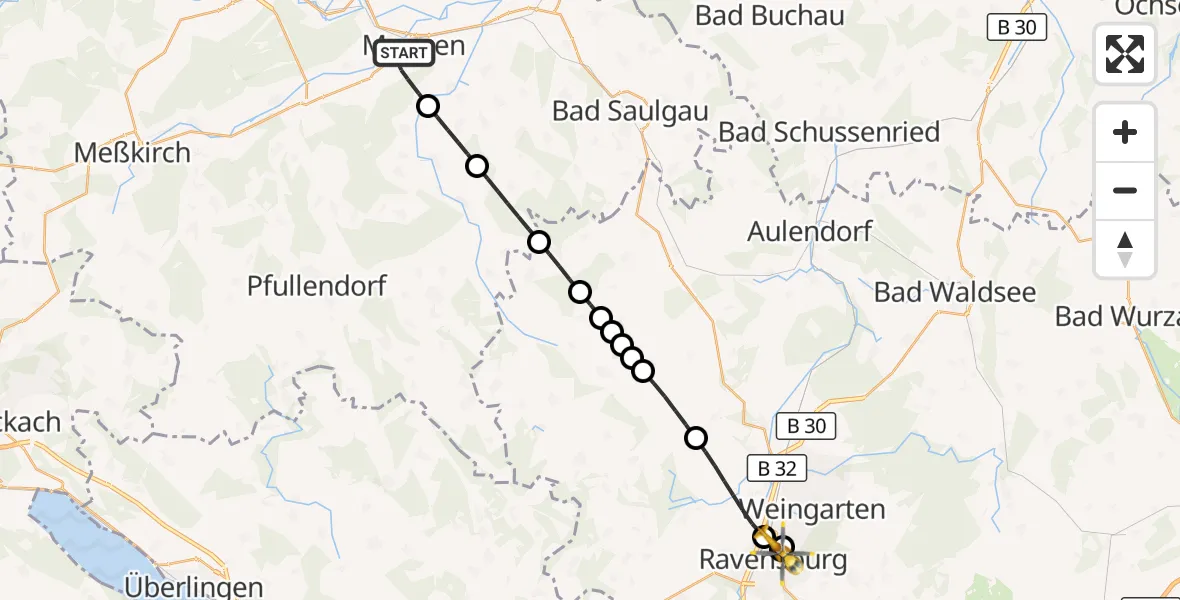 Flugroute Rettungshubschrauber Mengen - Sankt Elisabeth Hospital Hubschrauberlandeplatz, 24 Juni 2026, 18:49