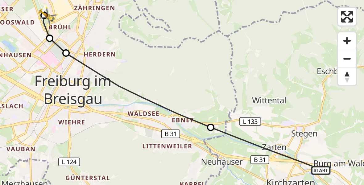 Flugroute Ambulanzhubschrauber Kirchzarten - Freiburg im Breisgau Flugplatz, 24 Juni 2026, 18:49
