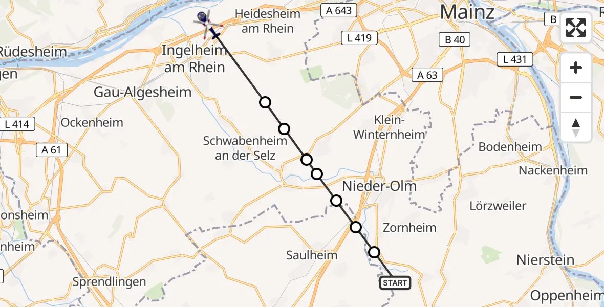 Flugroute Polizeihubschrauber Hahnheim - Ingelheim am Rhein, 24 Juni 2026, 18:52