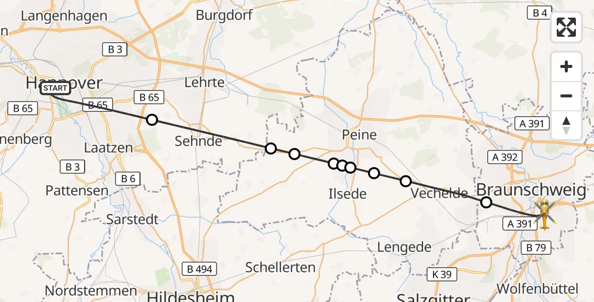 Flugroute Rettungshubschrauber Hannover - Braunschweig, 24 Juni 2026, 18:54