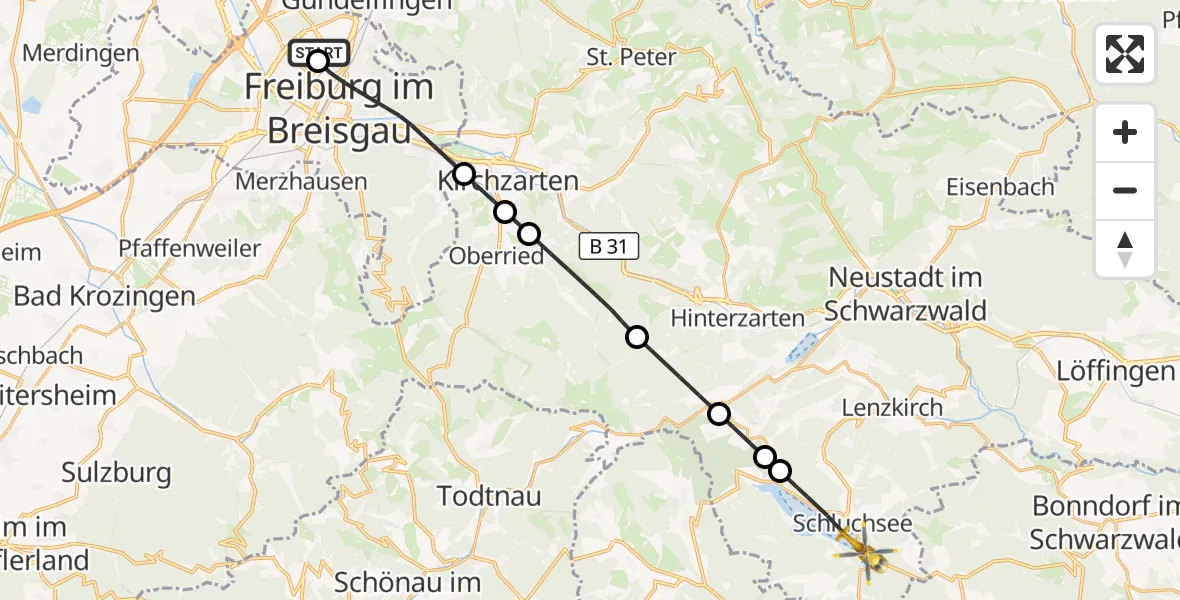 Flugroute Ambulanzhubschrauber Freiburg im Breisgau Flugplatz - Schluchsee, 24 Juni 2026, 18:55