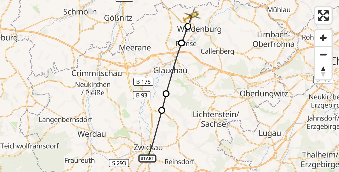 Flugroute Rettungshubschrauber Zwickau - Waldenburg, 24 Juni 2026, 19:02