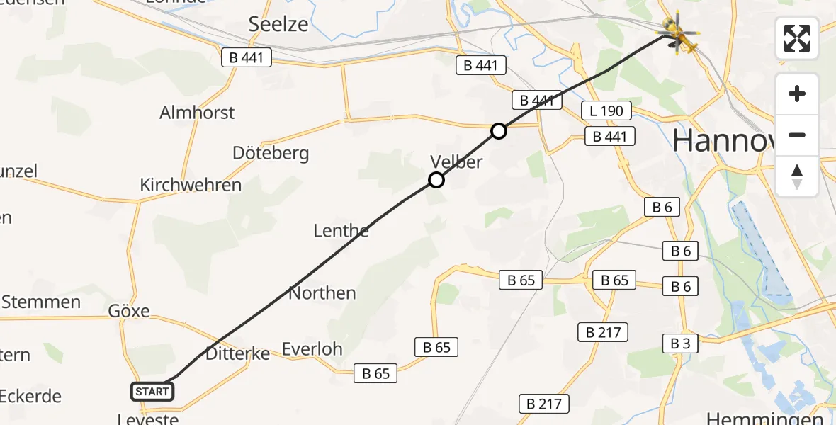Flugroute Rettungshubschrauber Gehrden - Hannover, 24 Juni 2026, 19:03