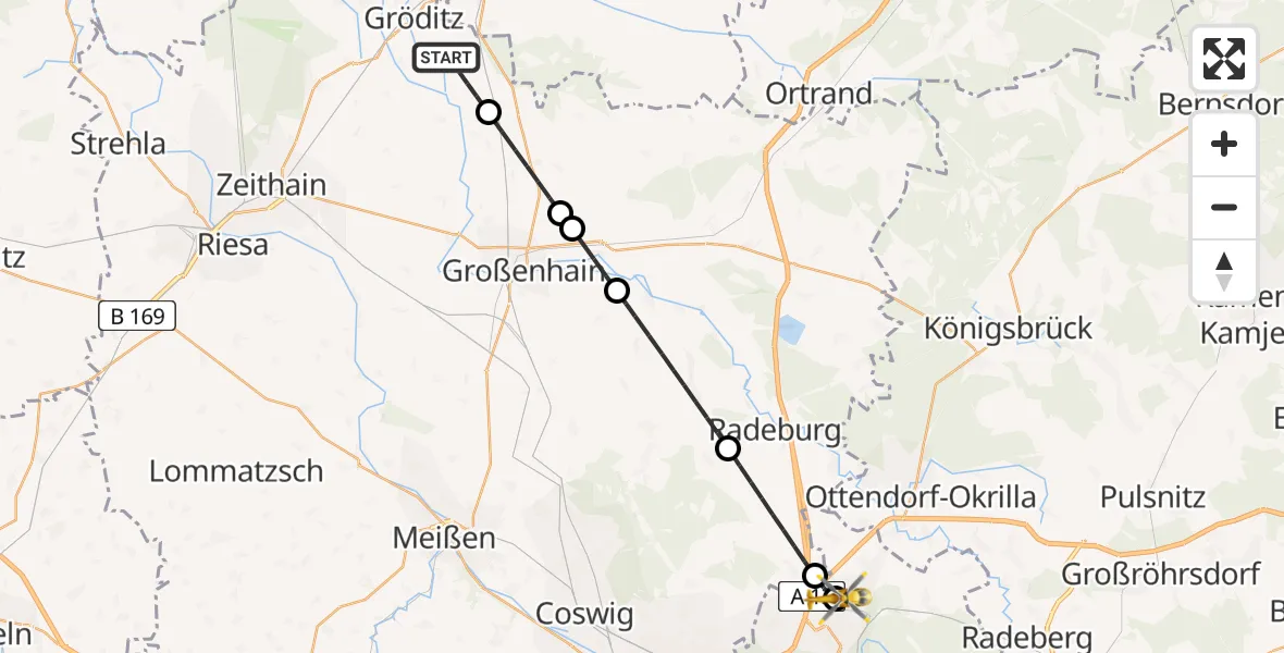 Flugroute Rettungshubschrauber Röderaue - Dresden Bundespolizei Hubschrauberlandeplatz, 24 Juni 2026, 19:05