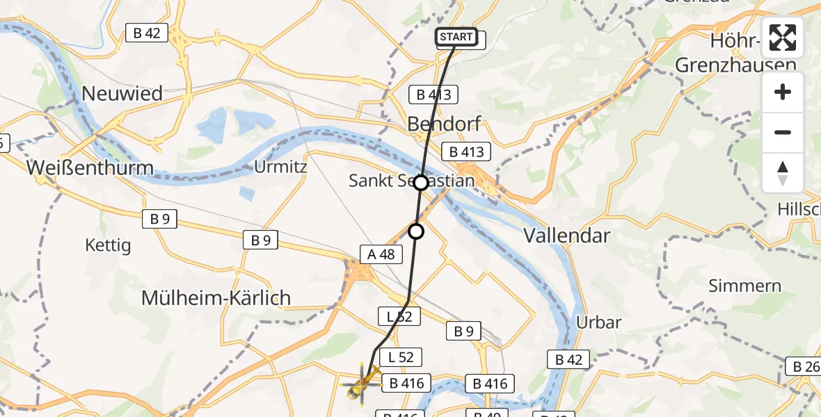 Flugroute Rettungshubschrauber Bendorf - Koblenz, 24 Juni 2026, 19:11