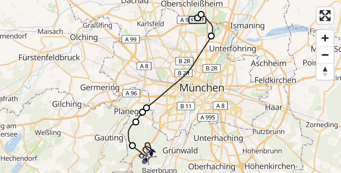 Flugroute Polizeihubschrauber Oberschleißheim - Forstenrieder Park, 24 Juni 2026, 19:12