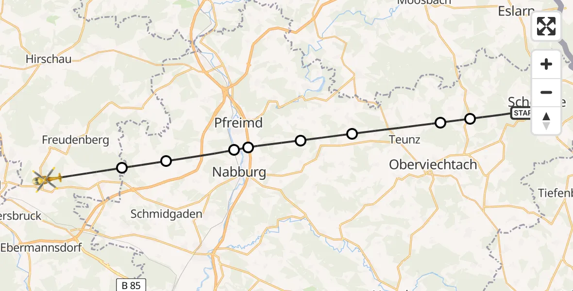 Flugroute Rettungshubschrauber Schönsee - Freudenberg, 24 Juni 2026, 19:12