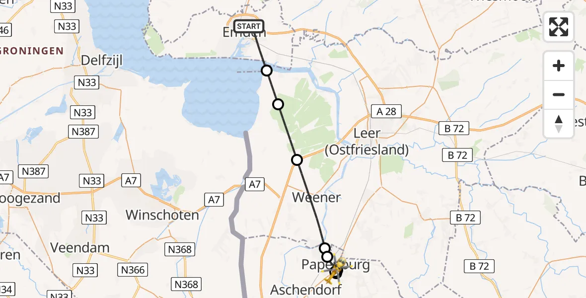 Flugroute Rettungshubschrauber Emden - Marien Hospital Papenberg Aschendorf, 24 Juni 2026, 19:14