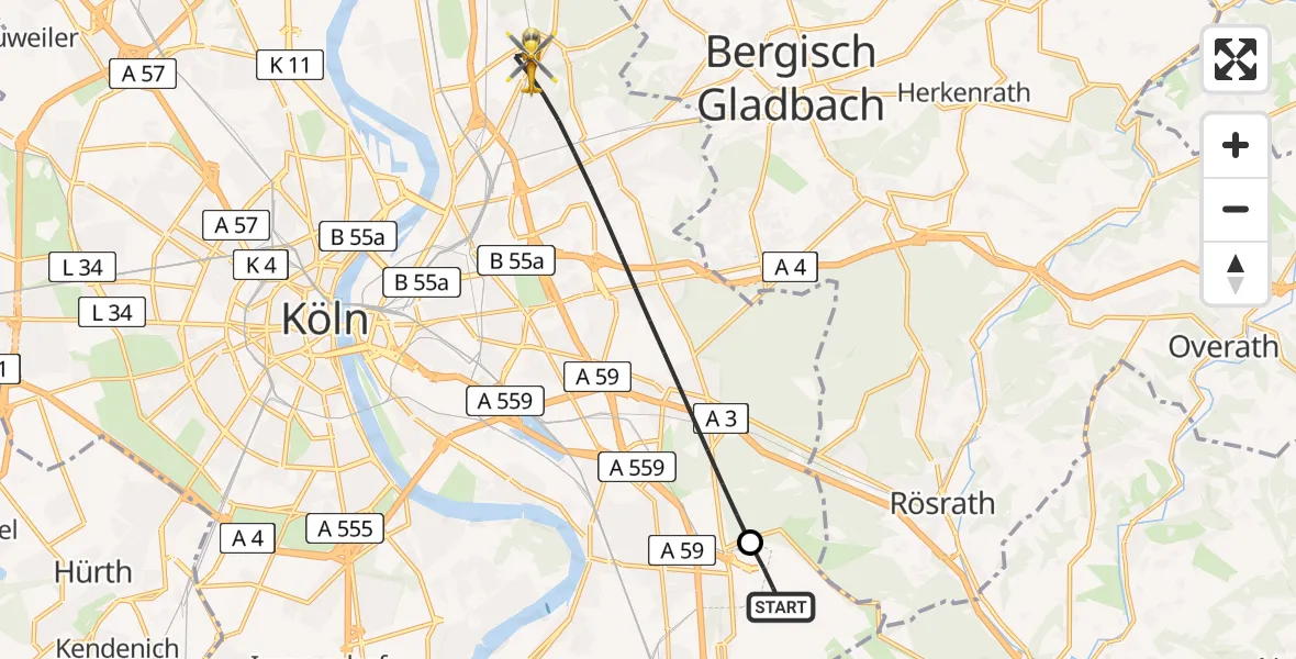 Flugroute Rettungshubschrauber Köln Bonn Flughafen - Köln, 24 Juni 2026, 19:14