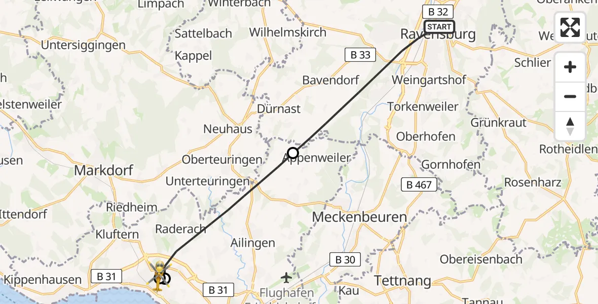 Flugroute Rettungshubschrauber Ravensburg - Friedrichshafen Hospital, 24 Juni 2026, 19:19
