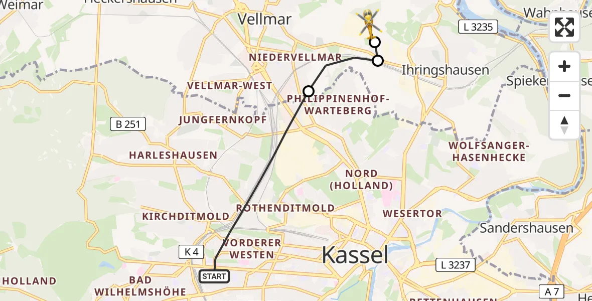 Flugroute Rettungshubschrauber Kassel - Fuldatal Bundespolizei Hubschrauberlandeplatz, 24 Juni 2026, 19:30