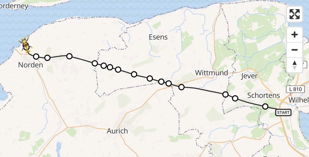 Flugroute Ambulanzhubschrauber Sande - Norden-Norddeich Flughafen, 24 Juni 2026, 19:30