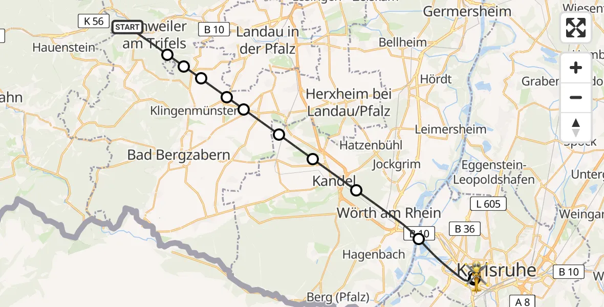 Flugroute Ambulanzhubschrauber Annweiler am Trifels - Sankt Vincentius Hospital, 24 Juni 2026, 19:32