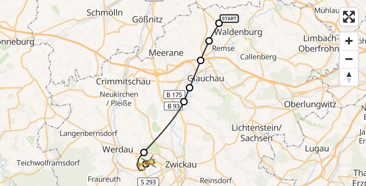 Flugroute Rettungshubschrauber Waldenburg - ADAC Air Rescue Station Zwickau Hubschrauberlandeplatz, 24 Juni 2026, 19:33
