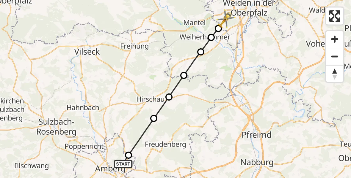 Flugroute Rettungshubschrauber Amberg - Weiden i.d.OPf., 24 Juni 2026, 19:36