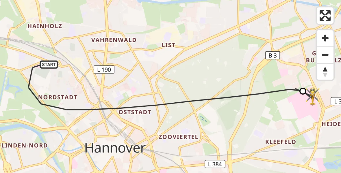 Flugroute Rettungshubschrauber Hannover - Hannover Luftrettung Hubschrauberlandeplatz (Christoph 4), 24 Juni 2026, 19:36