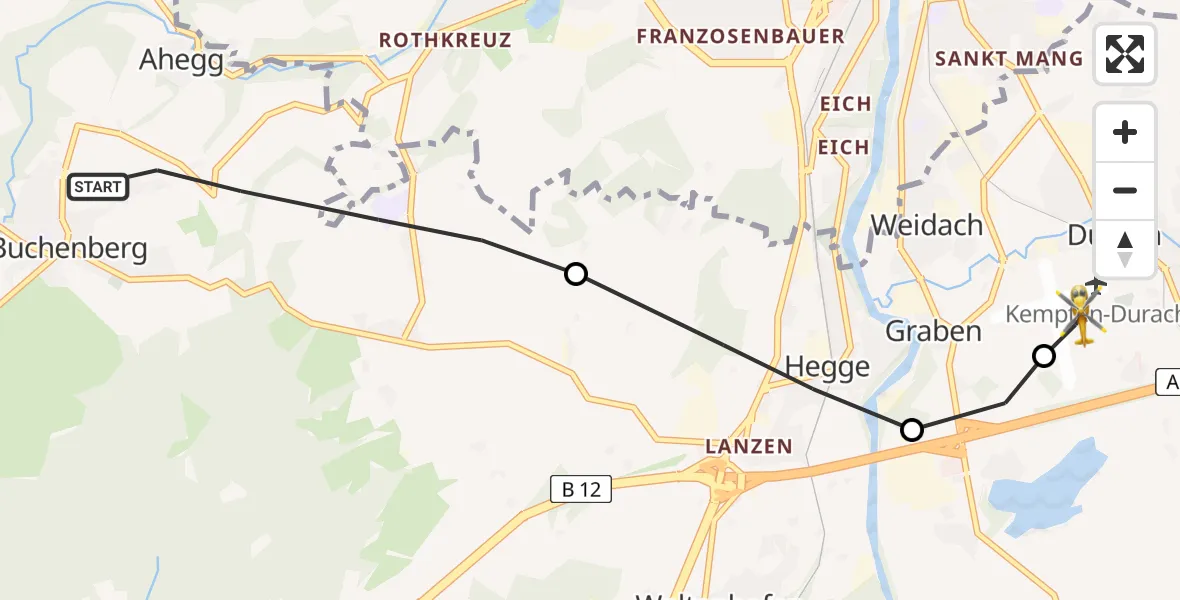 Flugroute Rettungshubschrauber Buchenberg - Kempten-Durach Flugplatz, 24 Juni 2026, 19:38