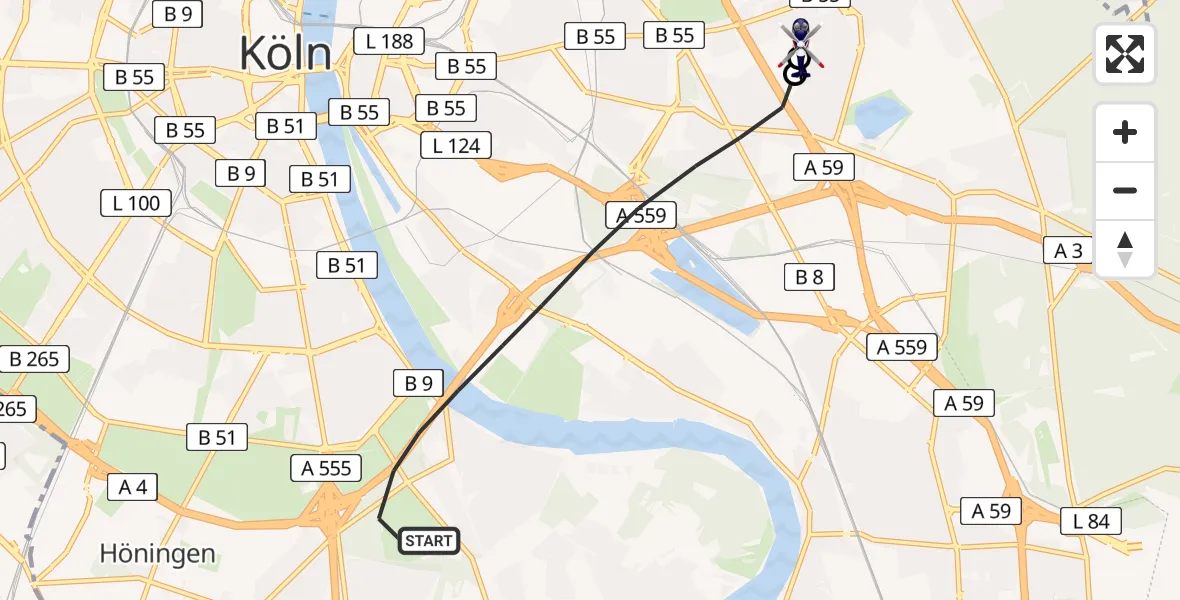 Flugroute Polizeihubschrauber Köln - Merheim Hospital, 24 Juni 2026, 19:38
