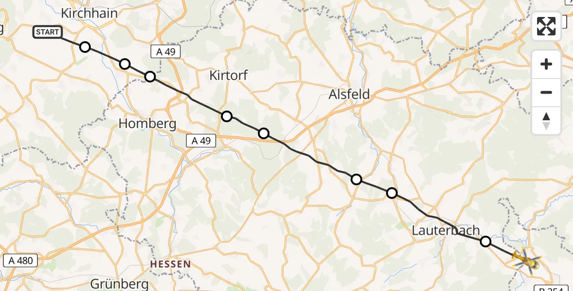 Flugroute Rettungshubschrauber Kirchhain - Großenlüder, 24 Juni 2026, 19:38