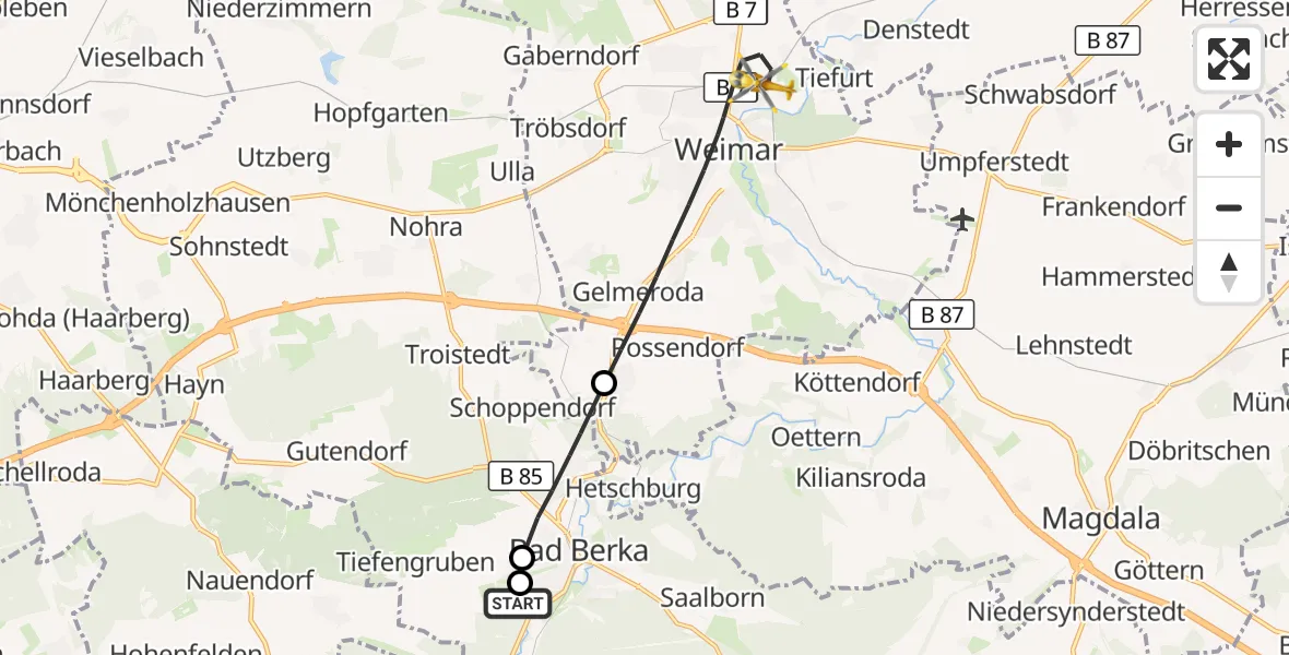 Flugroute Ambulanzhubschrauber Bad Berka Central Hospital - Weimar, 24 Juni 2026, 19:38