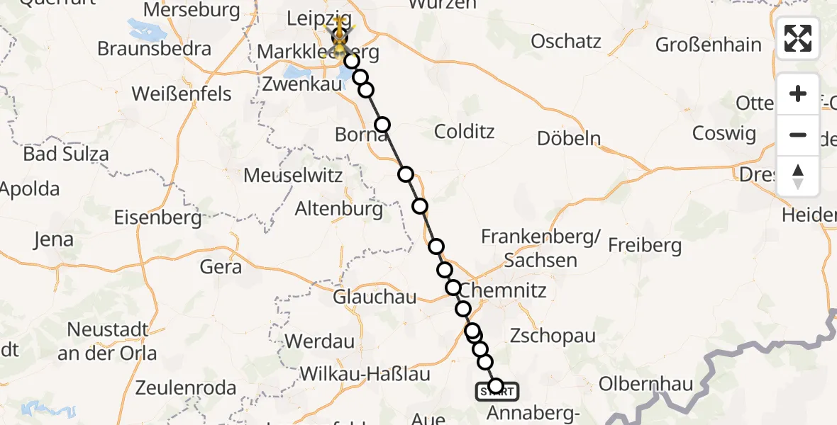Flugroute Rettungshubschrauber Geyer - Leipzig Heart Center Ground Hubschrauberlandeplatz, 24 Juni 2026, 19:41