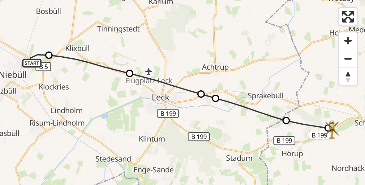 Flugroute Rettungshubschrauber Niebüll - Schafflund, 24 Juni 2026, 19:46