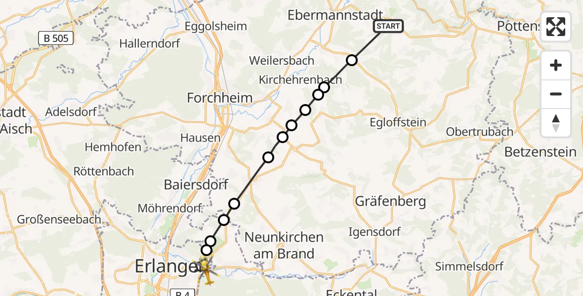 Flugroute Rettungshubschrauber Ebermannstadt - Erlangen, 24 Juni 2026, 19:54