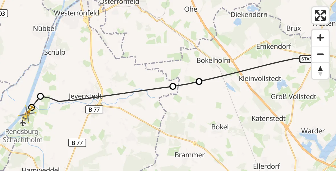 Flugroute Ambulanzhubschrauber Emkendorf - Hörsten, 24 Juni 2026, 19:57