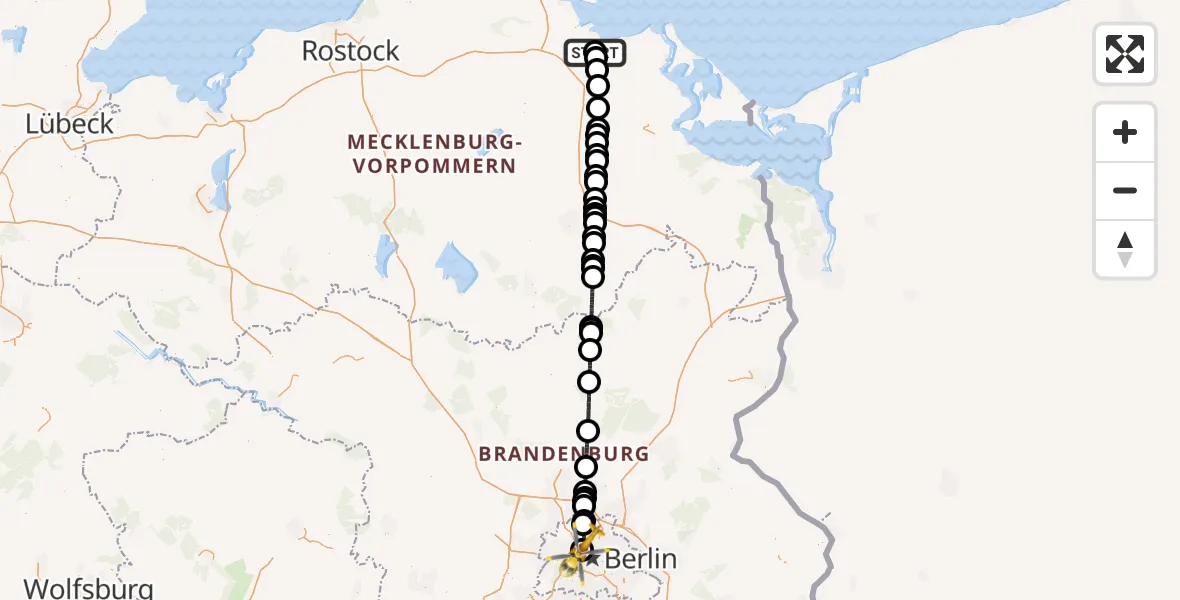 Flugroute Rettungshubschrauber Greifswald Hospital - Charité Clinic Virchow Campus Hubschrauberlandeplatz, 24 Juni 2026, 19:58