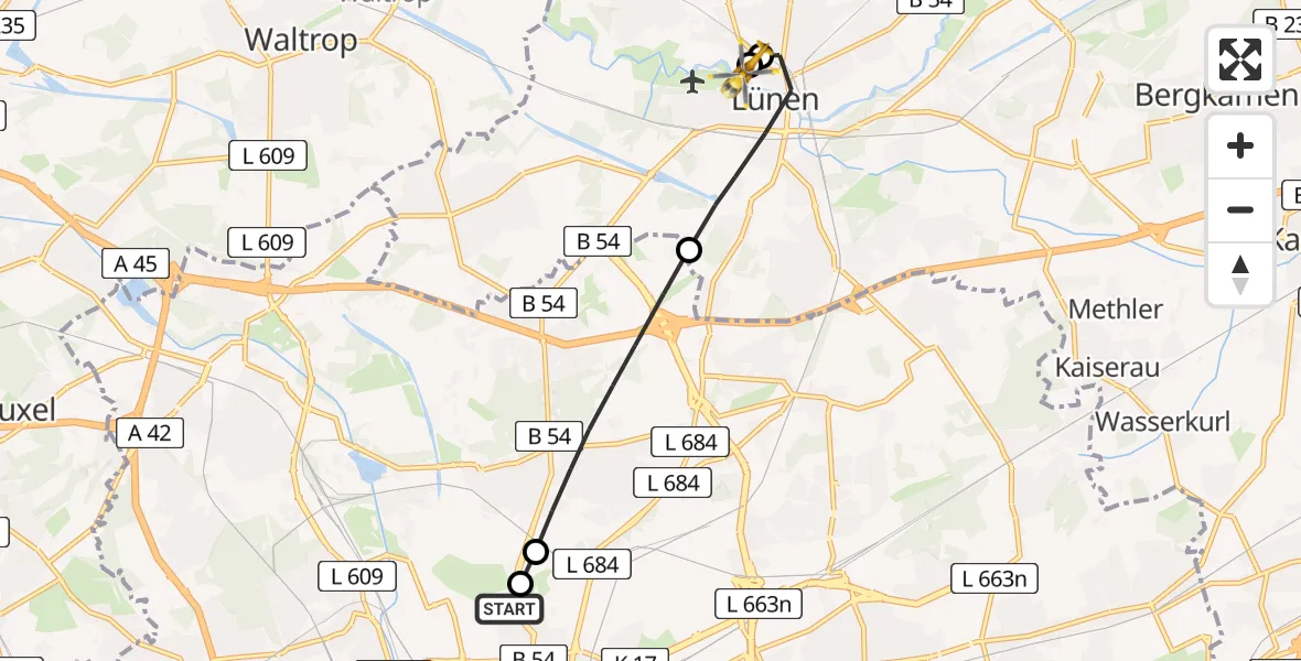Flugroute Rettungshubschrauber Dortmund Hospital North - Sankt Marien Hospital, 24 Juni 2026, 20:04