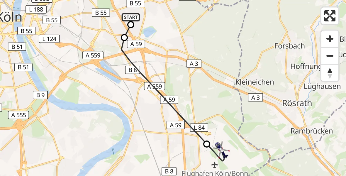 Flugroute Polizeihubschrauber Merheim Hospital - Köln Bonn Flughafen, 24 Juni 2026, 20:11
