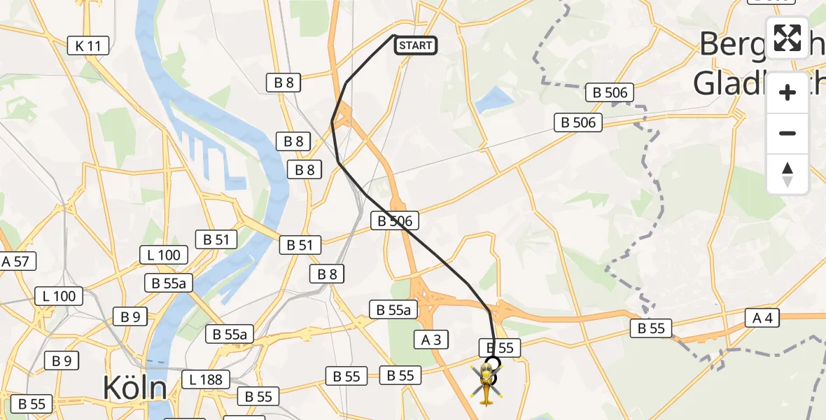 Flugroute Rettungshubschrauber Köln - Merheim Hospital, 24 Juni 2026, 20:16