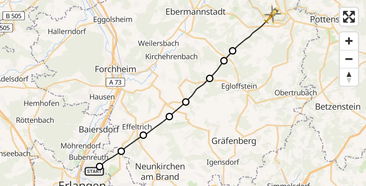 Flugroute Rettungshubschrauber Erlangen - Gößweinstein, 24 Juni 2026, 20:16