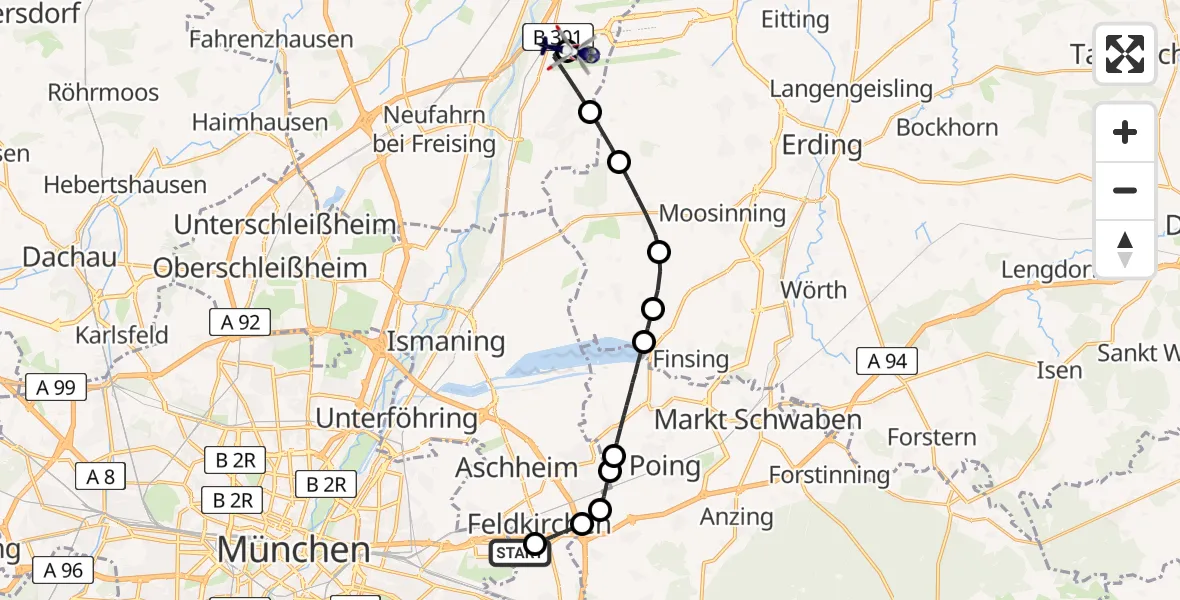 Flugroute Polizeihubschrauber München - München Flughafen, 24 Juni 2026, 20:17