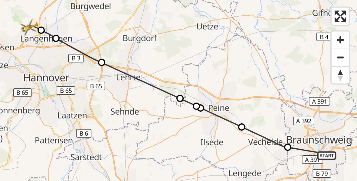 Flugroute Rettungshubschrauber Braunschweig - Flughafen Hannover, 24 Juni 2026, 20:19
