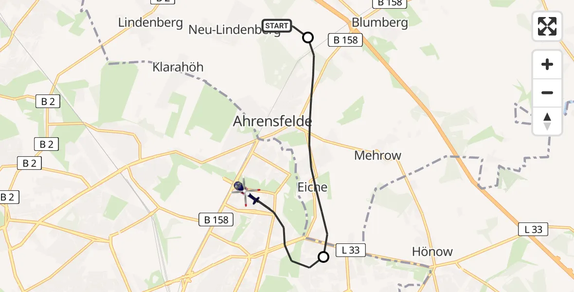 Flugroute Polizeihubschrauber Ahrensfelde Hubschrauberlandeplatz - Berlin, 24 Juni 2026, 20:31